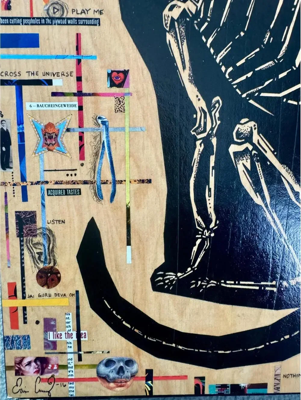 ecurry art the narcissist‎ cat skeleton collage wood panel signed mixed media